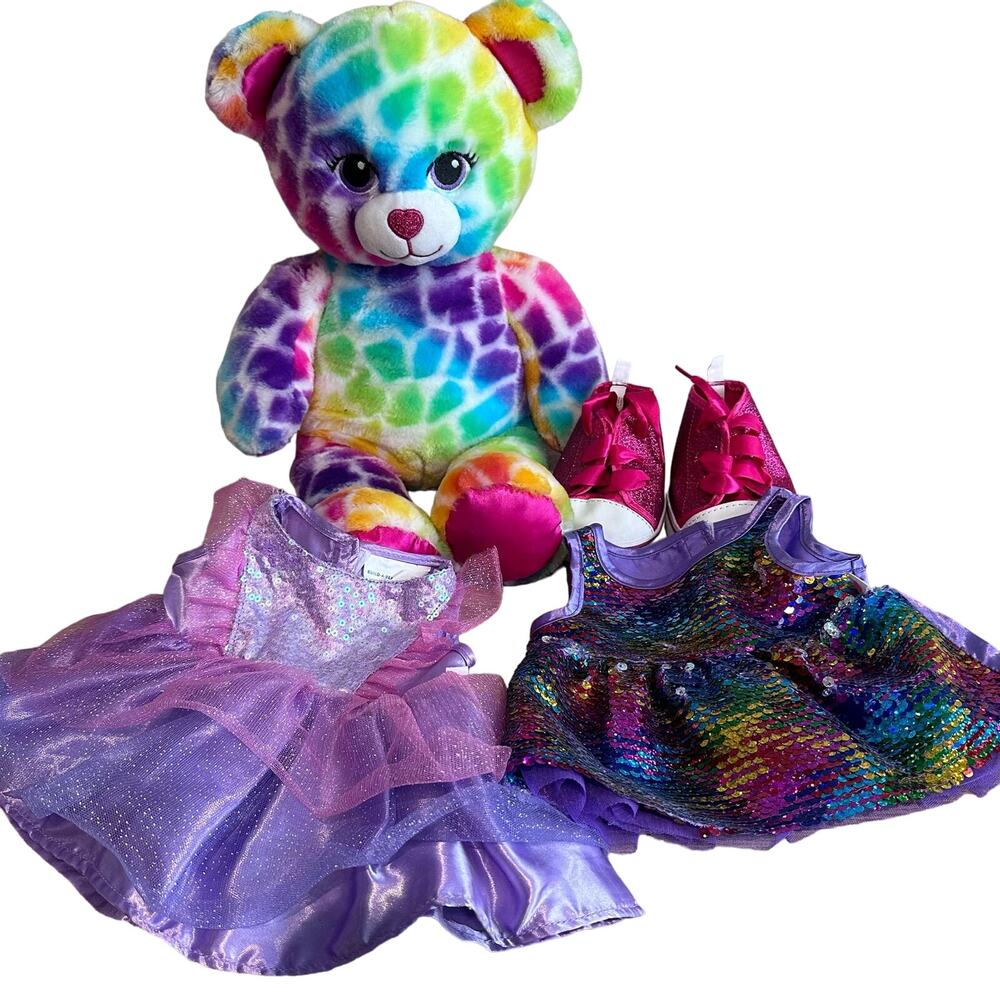 Build a Bear Rainbow Leopard Print Bear 16" Plush and clothing lot